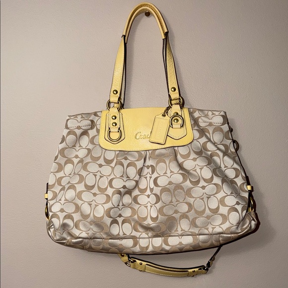 Coach Handbags - Coach Bag Ashley Signature Jacquard Patent Leather Top Handle Beige Yellow Gold